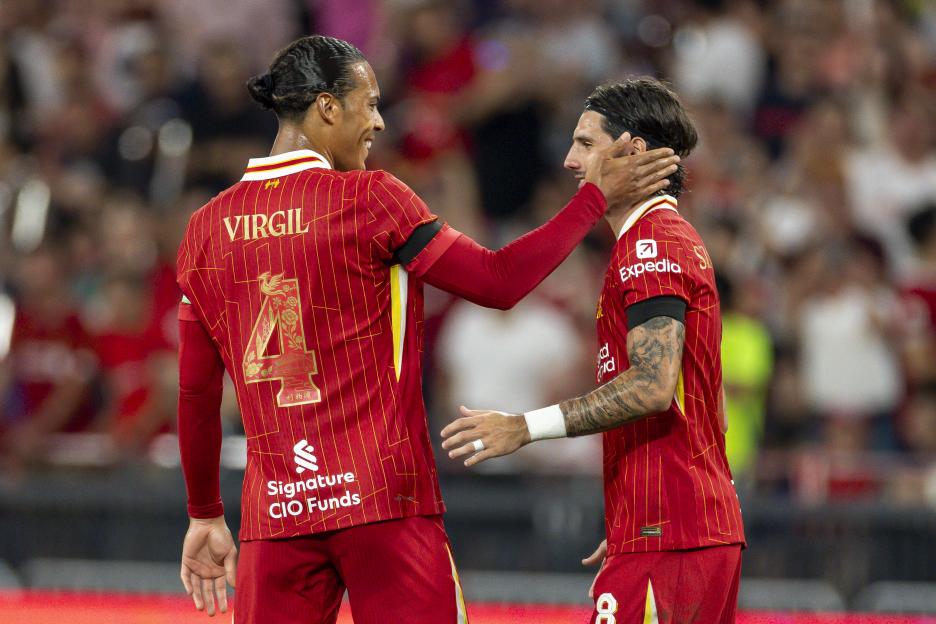 Virgil van Dijk and Dominik Szoboszlai celebrating a goal.