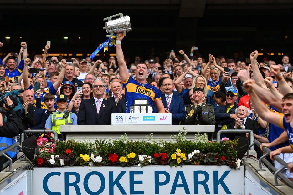 Ronan Maher of Tipperary lifts the Liam MacCarthy Cup at Croke Park.