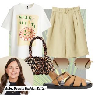 Collage of Abby, Deputy Fashion Editor's outfit: spaghetti-themed t-shirt, beige shorts, leopard-print bag, sunglasses, and sandals.
