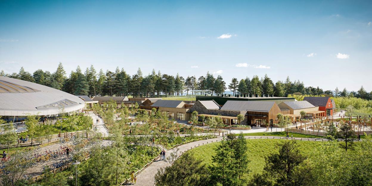 Illustration of a new Center Parcs resort in Scotland with lodges and recreational facilities.