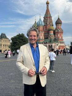 Errol Musk in Moscow, in front of Saint Basil's Cathedral.