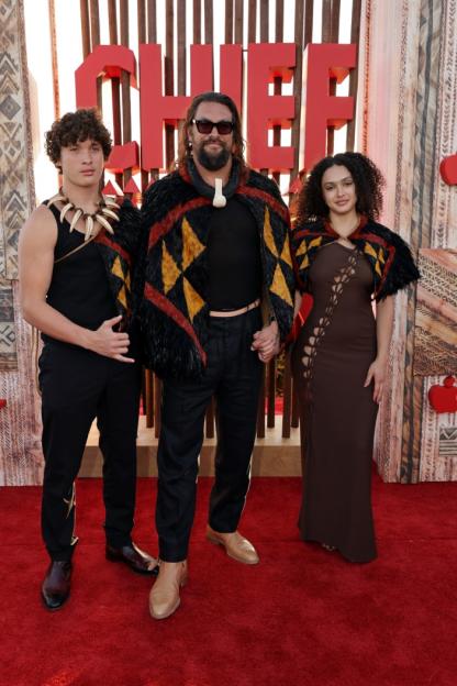 KAPOLEI, HAWAII - JULY 18: Nakoa-Wolf Momoa, Jason Momoa and Lola Iolani Momoa seen at the world premiere of the Apple TV+ series Chief of War at the Ko Olina Beach Park. Chief of War premieres globally on Apple TV+ on Friday, August 1, 2025. (Photo by Eric Charbonneau/Apple TV+ via Getty Images)
