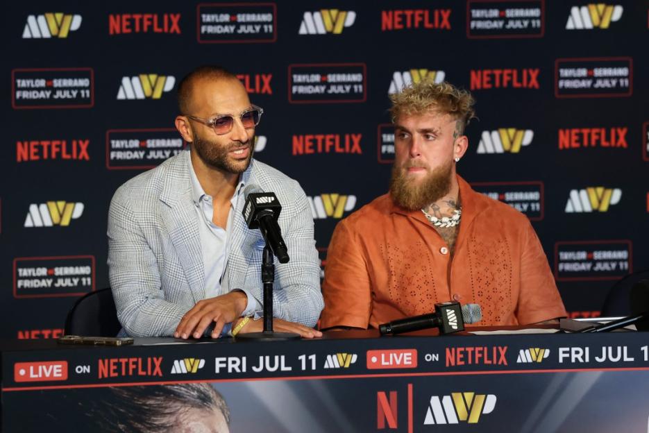 NEW YORK, NEW YORK - JULY 11: Nakisa Bidarian and Jake Paul speak at a press conference after Netflix's Katie Taylor vs Amanda Serrano 3 at Madison Square Garden on July 11, 2025 in New York City. (Photo by Sarah Stier/Getty Images for Netflix)
