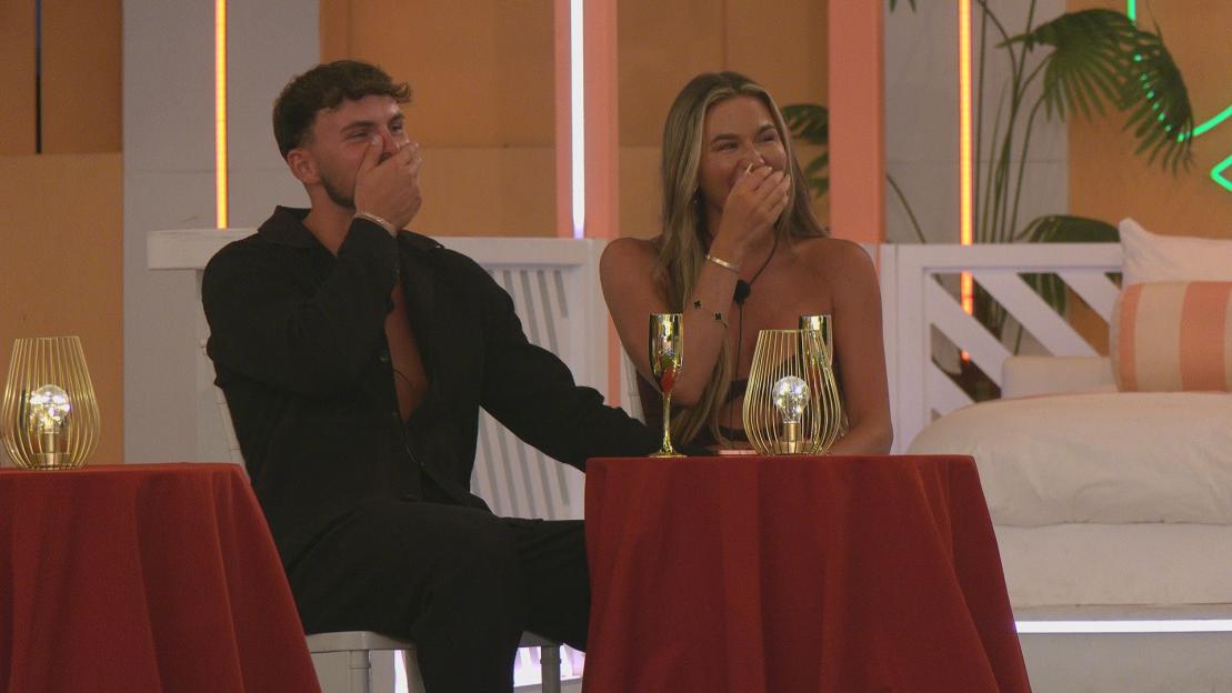 Ty Isherwood and Angel Swift laughing on Love Island.