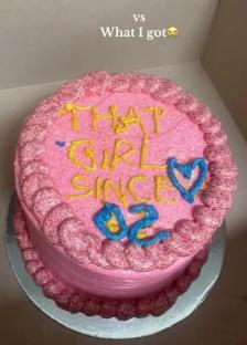 Pink cake with uneven frosting and the words