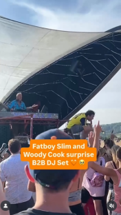 Fatboy Slim and Woody Cook surprise B2B DJ set at a music festival.