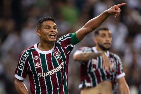 Thiago Silva of Fluminense gesturing during a soccer match.