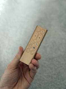 Hand holding a gold Dyson fan remote.