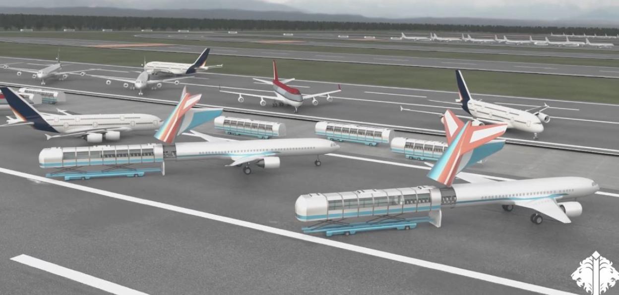 Illustration of an airport of the future with airplanes and automated passenger boarding systems.