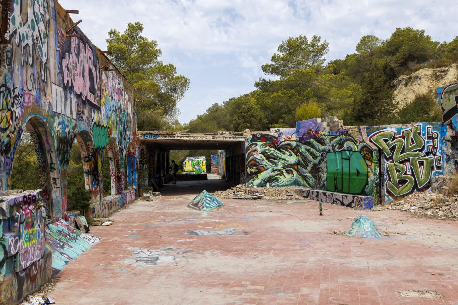 Graffiti-covered ruins of a former Ibiza superclub.