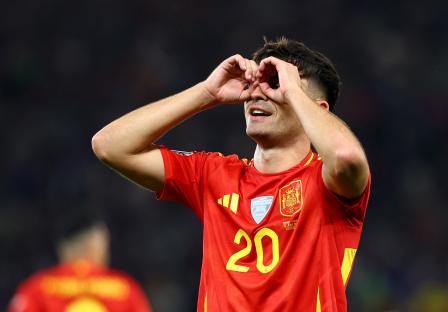 Pedri of Spain celebrates scoring a goal.