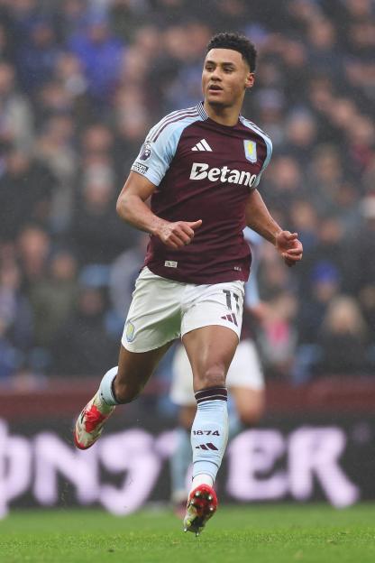 Ollie Watkins of Aston Villa running during a soccer match.