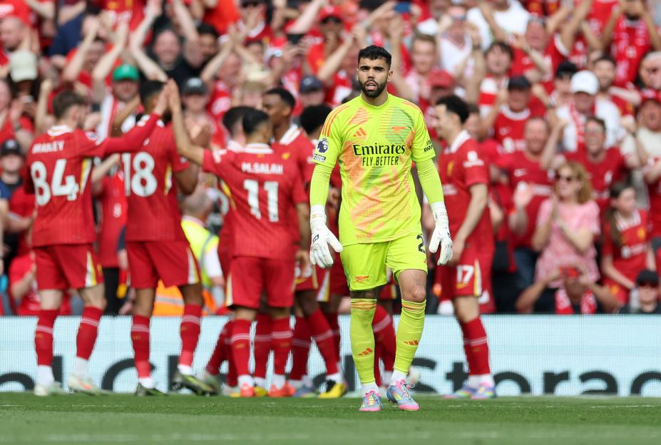 David Raya of Arsenal looking dejected after a goal.