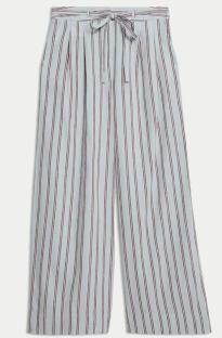 Linen blend striped wide-leg trousers with drawstring waist.