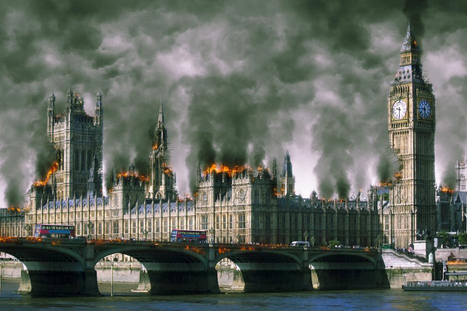 Illustration of the Houses of Parliament in London burning.