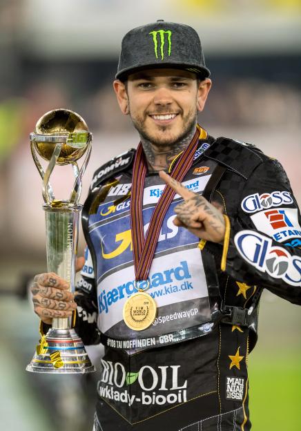 Tai Woffinden celebrates his FIM Speedway Grand Prix victory.