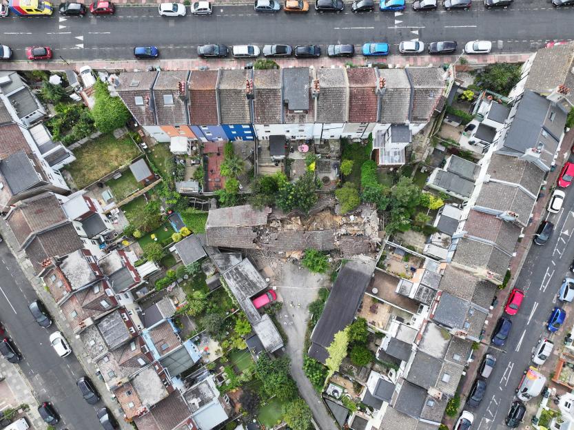 Aerial view of a collapsed building in Brighton.