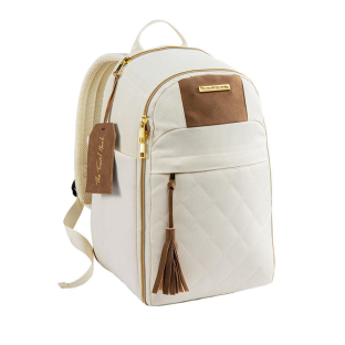 Off-white quilted backpack with brown leather accents.