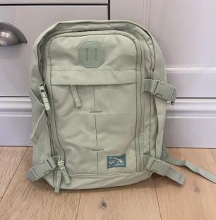 Light green backpack on a wooden floor.