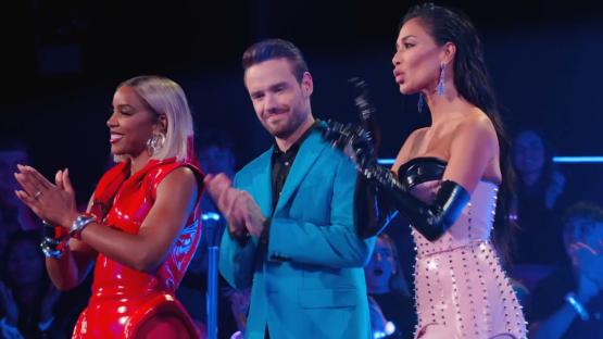 Liam Payne, Nicole Scherzinger, and Kelly Rowland judging a music competition.