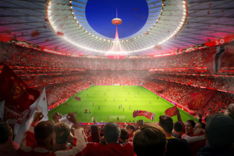 Illustration of a full soccer stadium with a large crowd of fans.