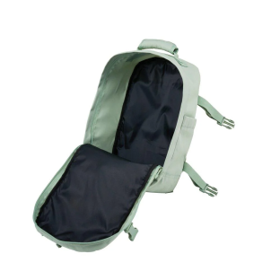 Sage green backpack open to show interior.