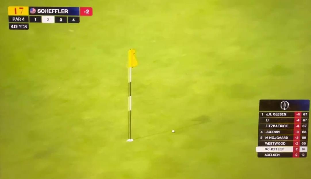 Golf putting green with scoreboard showing Scheffler's score.
