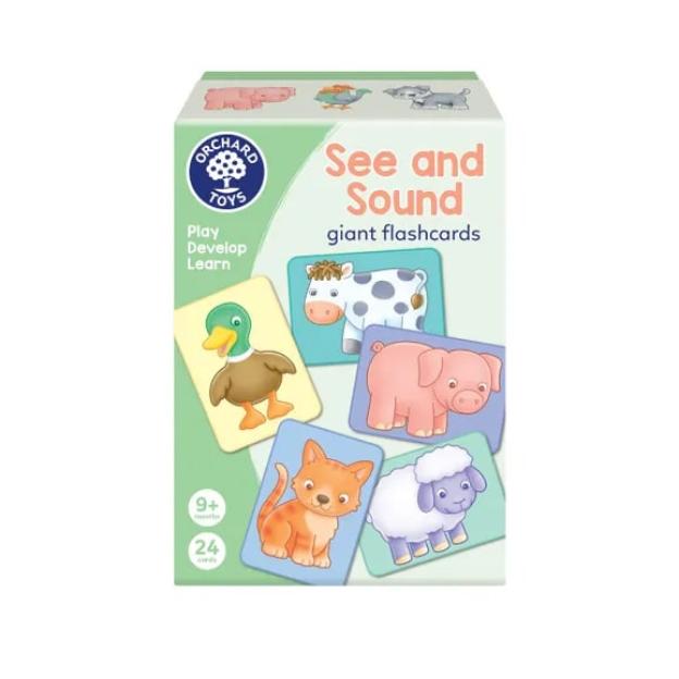 Box of Orchard Toys See and Sound giant flashcards featuring farm animals.