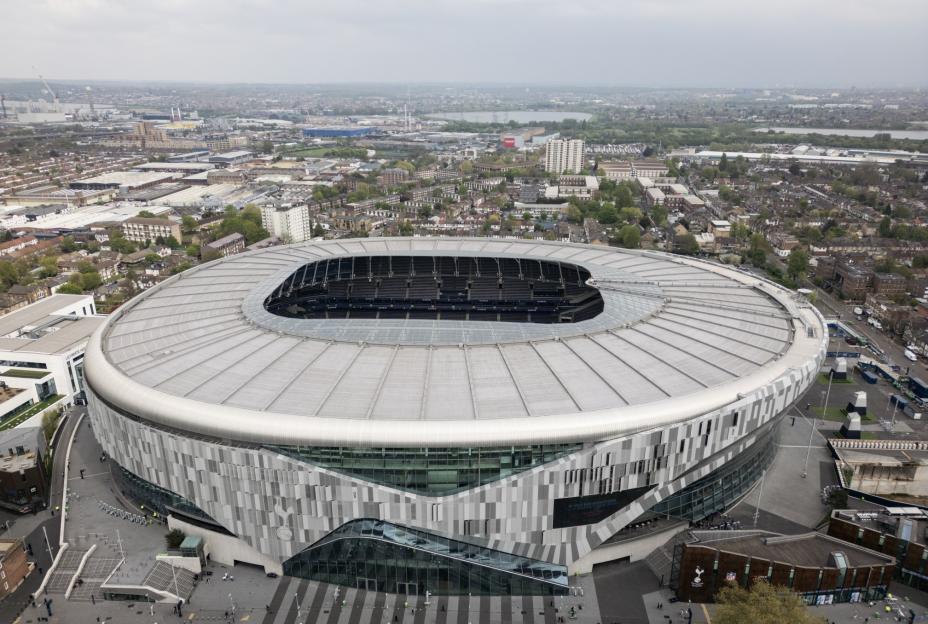 LONDON, ENGLAND - APRIL 21: An aerial view of Tottenham Hotspur Stadium ahead of the Premier League match between Tottenham Hotspur FC and Nottingham Forest FC at Tottenham Hotspur Stadium on April 21, 2025 in London, England. (Photo by Ryan Pierse/Getty Images)