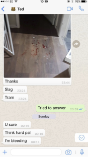 Phone screenshot showing blood on the floor and a text conversation indicating a home invasion.