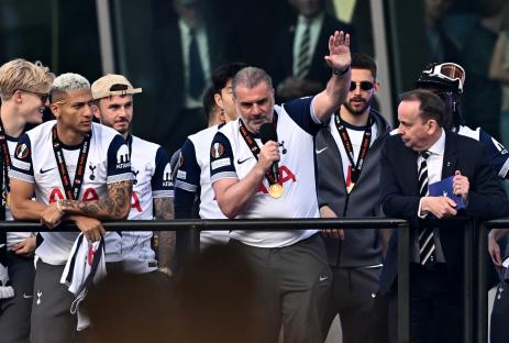 Tottenham Hotspur manager Ange Postecoglou and players at a victory parade.