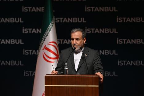 Iranian Foreign Minister Abbas Araghchi speaking at a press conference.