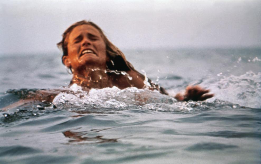 Denise Cheshire in the water during filming of Jaws.