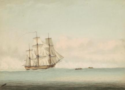 1794 depiction of the Endeavour off the coast of Australia.