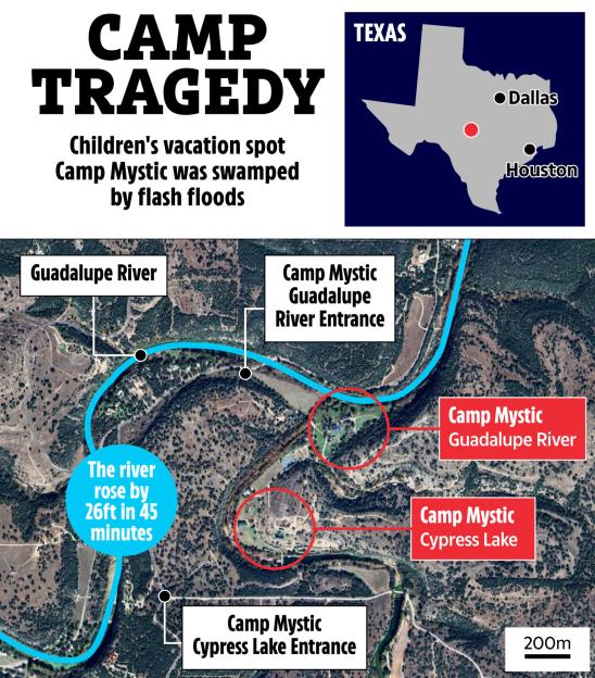 Map showing Camp Mystic in Texas flooded by flash floods.