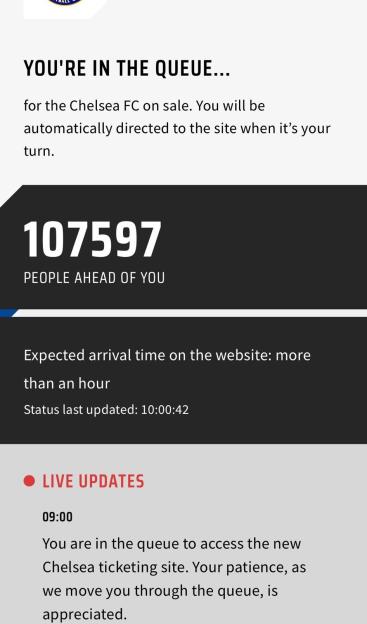 Screenshot of Ticketmaster queue: 107,597 people ahead, arrival in over an hour.