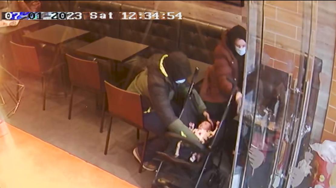 CCTV footage of Constance Marten, Mark Gordon, and their baby in a London kebab shop.