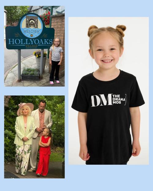 Collage of Hollyoaks-related images: a girl by a Hollyoaks village sign, a girl wearing a 