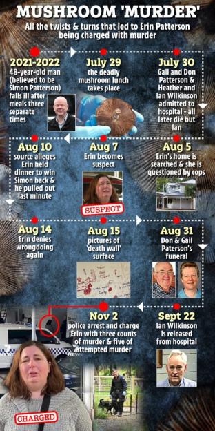 Timeline illustrating the events leading to Erin Patterson's arrest and charges for murder and attempted murder.