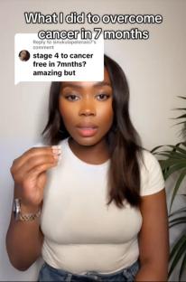 TikTok video of a woman describing overcoming stage 4 cancer in 7 months.