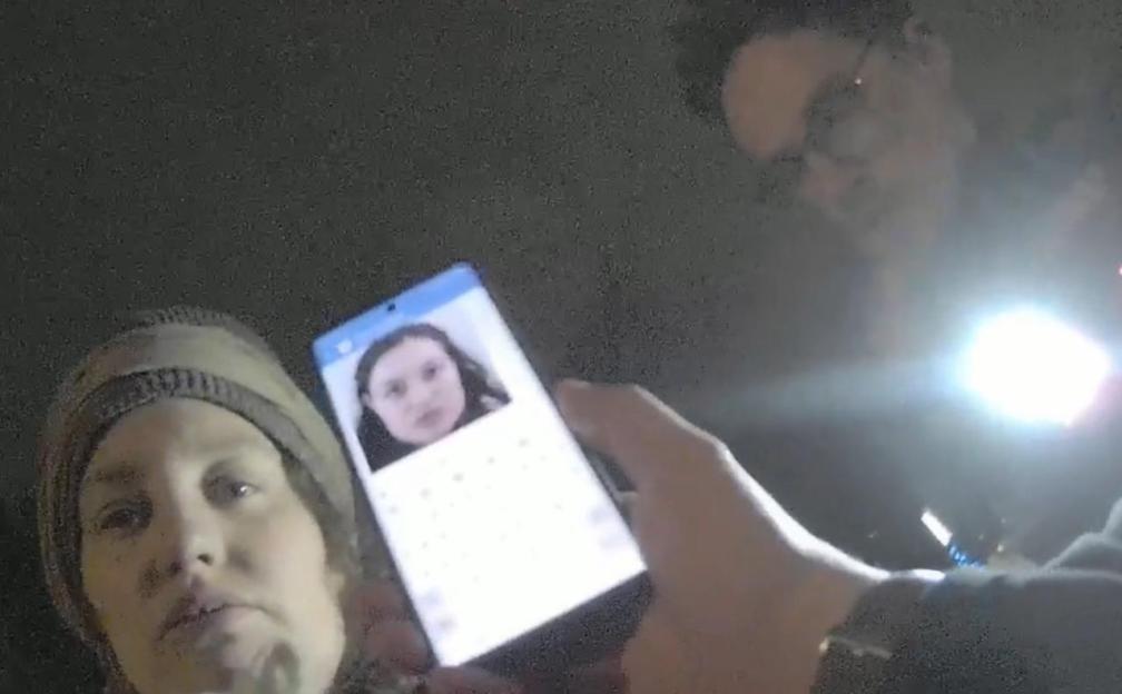 Police bodycam footage of an arrest; a phone displays a photo for comparison.