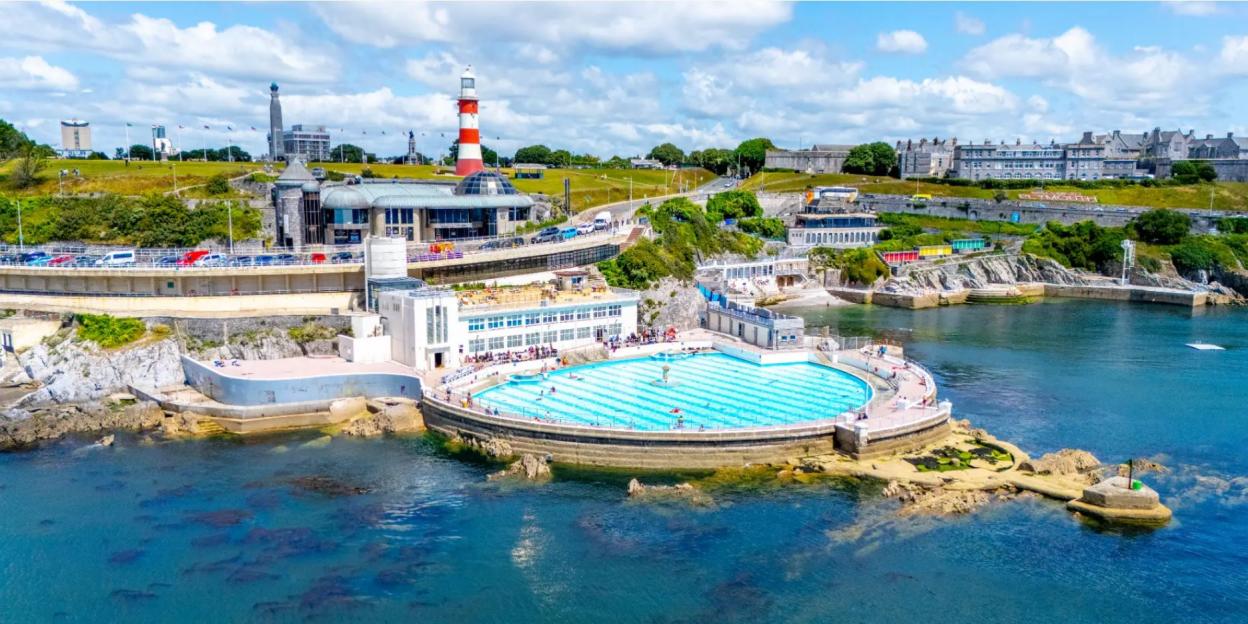 Aerial view of Tyneside Lido, an outdoor pool on the coast.