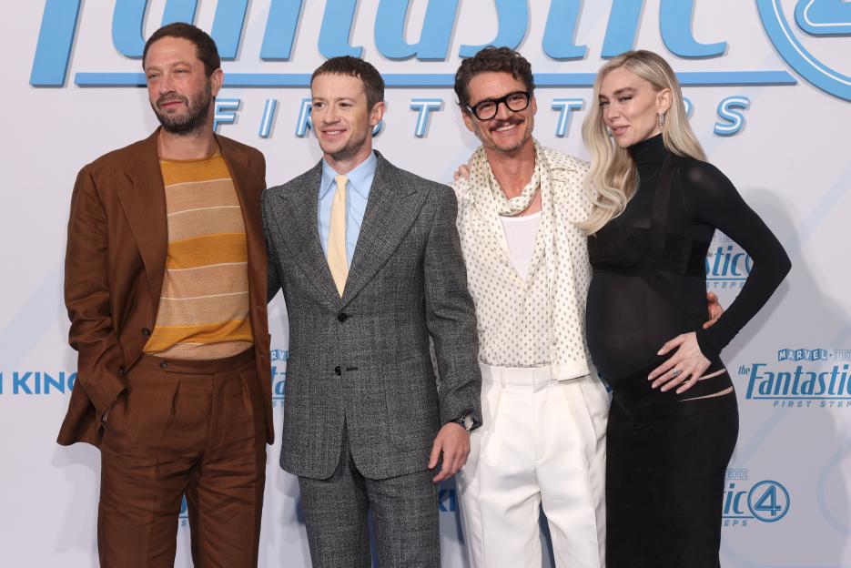 Ebon Moss-Bachrach, Joseph Quinn, Pedro Pascal, and Vanessa Kirby at a Fantastic Four premiere.