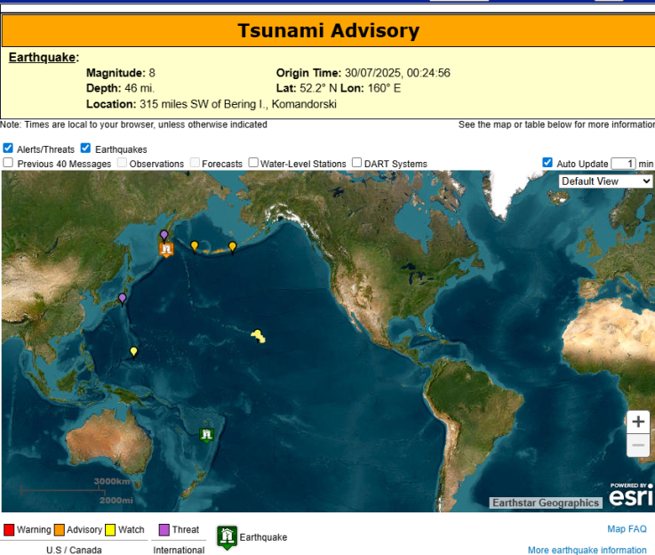 Map of tsunami advisory showing magnitude 8 earthquake location and affected areas.
