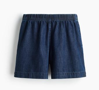 Dark wash denim shorts with elastic waistband.
