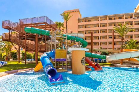 Aerial view of a large resort pool in Benidorm.
