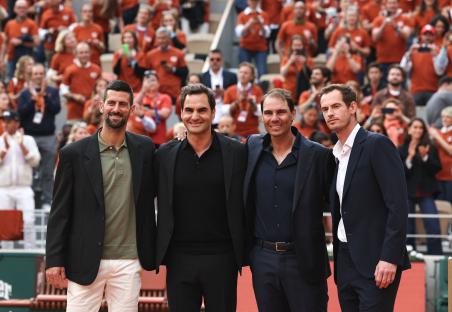 Novak Djokovic, Roger Federer, Rafael Nadal, and Andy Murray at a ceremony.