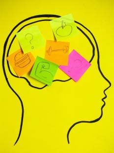 Illustration of sticky notes with drawings of food, weights, and muscles inside an outline of a head, representing the conflicting thoughts about health and fitness.