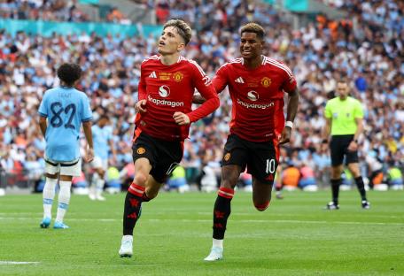 Manchester United's Alejandro Garnacho and Marcus Rashford celebrating a goal.