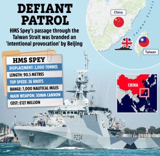 Illustration of HMS Spey's passage through the Taiwan Strait, labeled as a 